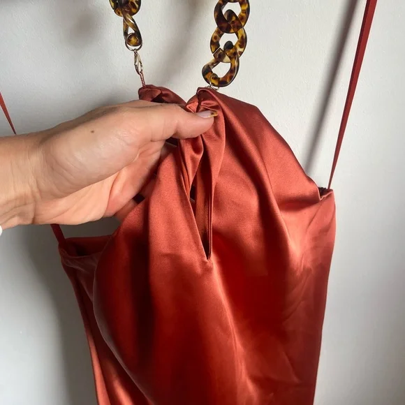 Gianni Bini Everlee Midi Dress Burnt Orange satin Tortoise Chain Neck NWT Sz 4 - Picture 3 of 8